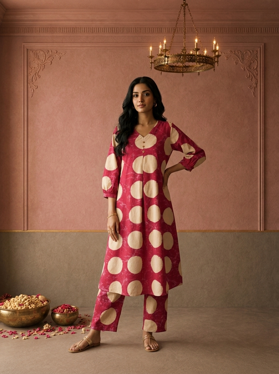 Magenta Cotton Polka Dot Printed Two Piece Set