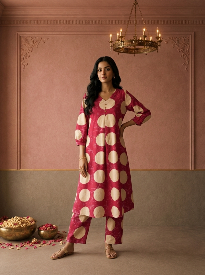 Magenta Cotton Polka Dot Printed Two Piece Set