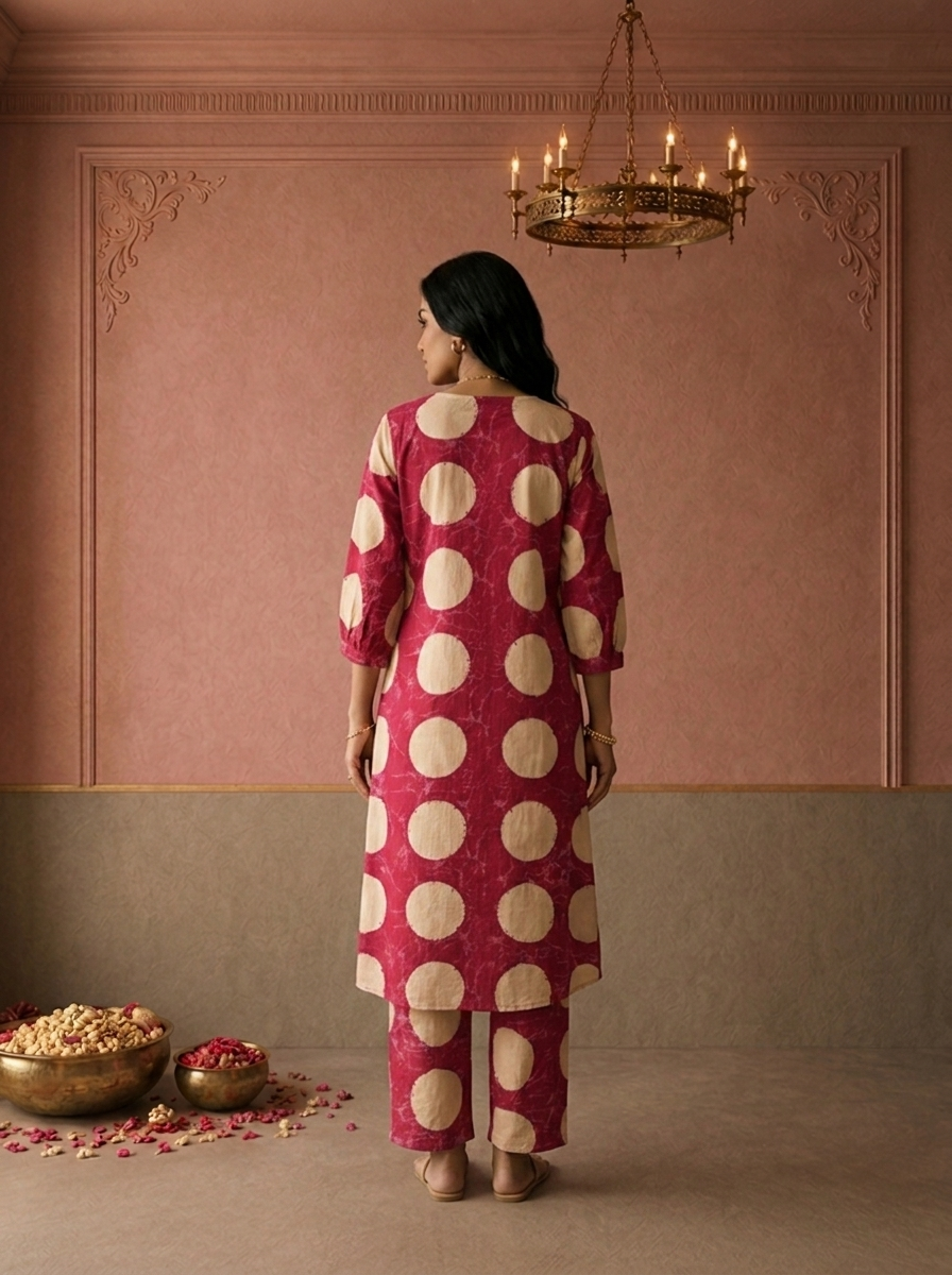 Magenta Cotton Polka Dot Printed Two Piece Set
