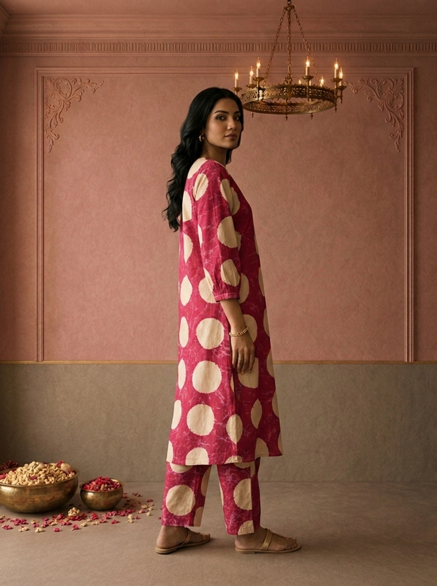 Magenta Cotton Polka Dot Printed Two Piece Set