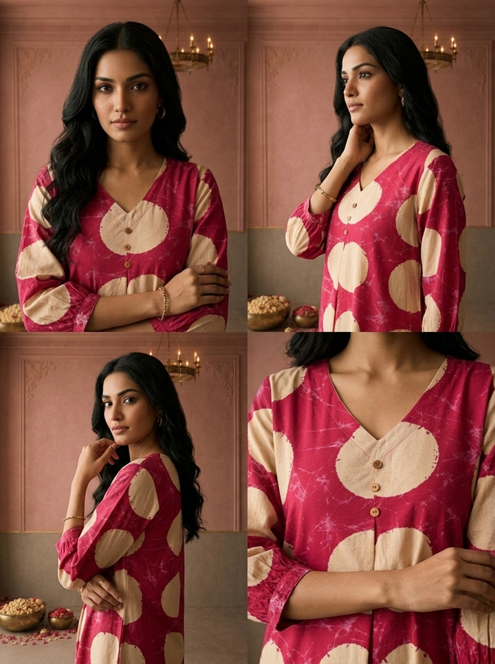 Magenta Cotton Polka Dot Printed Two Piece Set