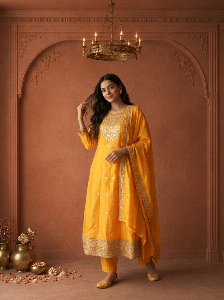 Mustard Silk Heavy Gold Zari Embroidered Three Piece Set