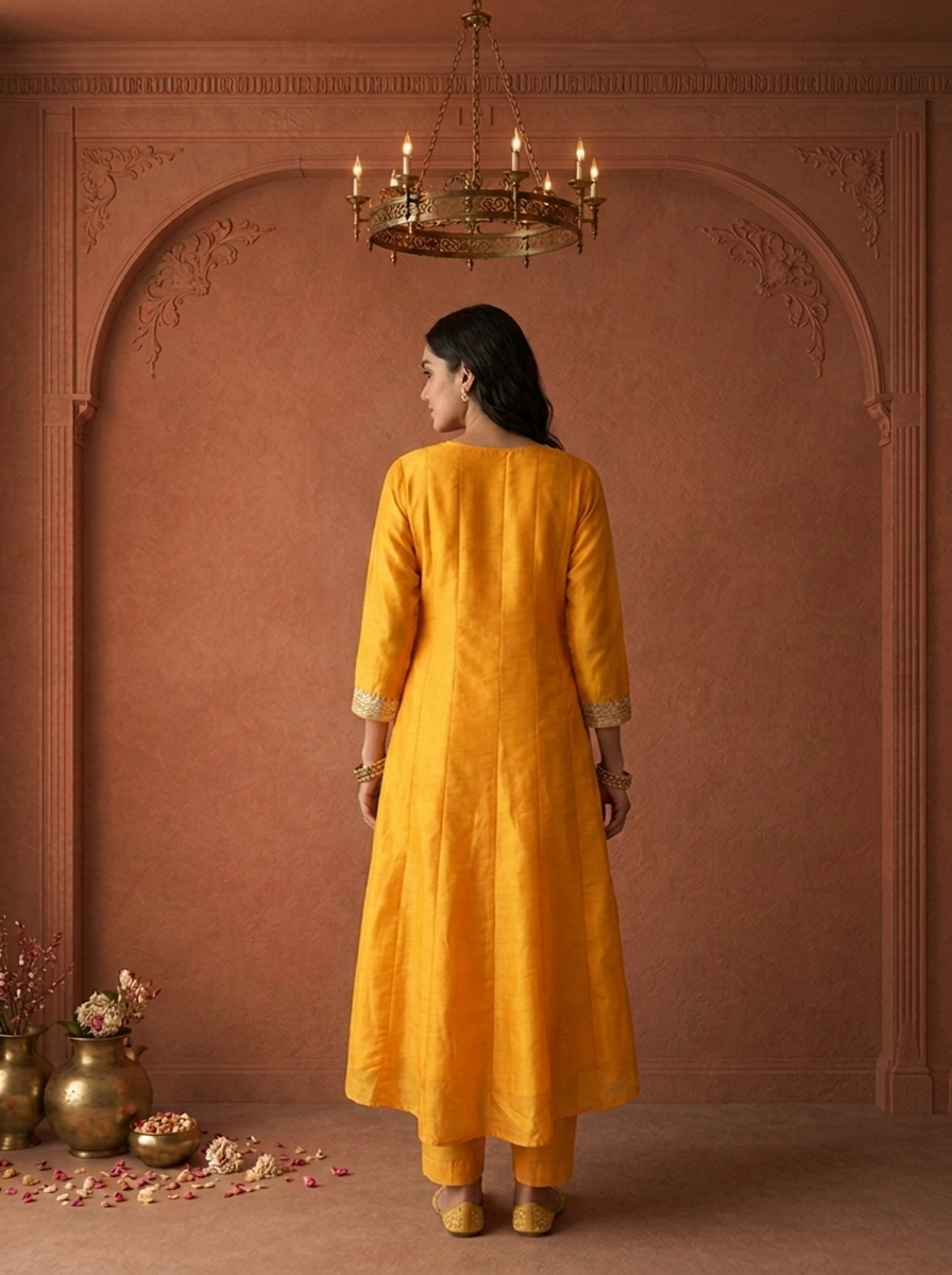 Mustard Silk Heavy Gold Zari Embroidered Three Piece Set