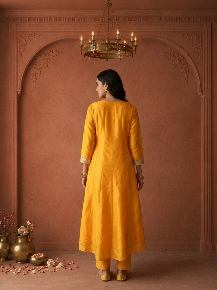 Mustard Silk Heavy Gold Zari Embroidered Three Piece Set