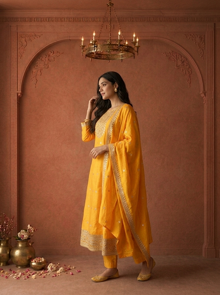 Mustard Silk Heavy Gold Zari Embroidered Three Piece Set