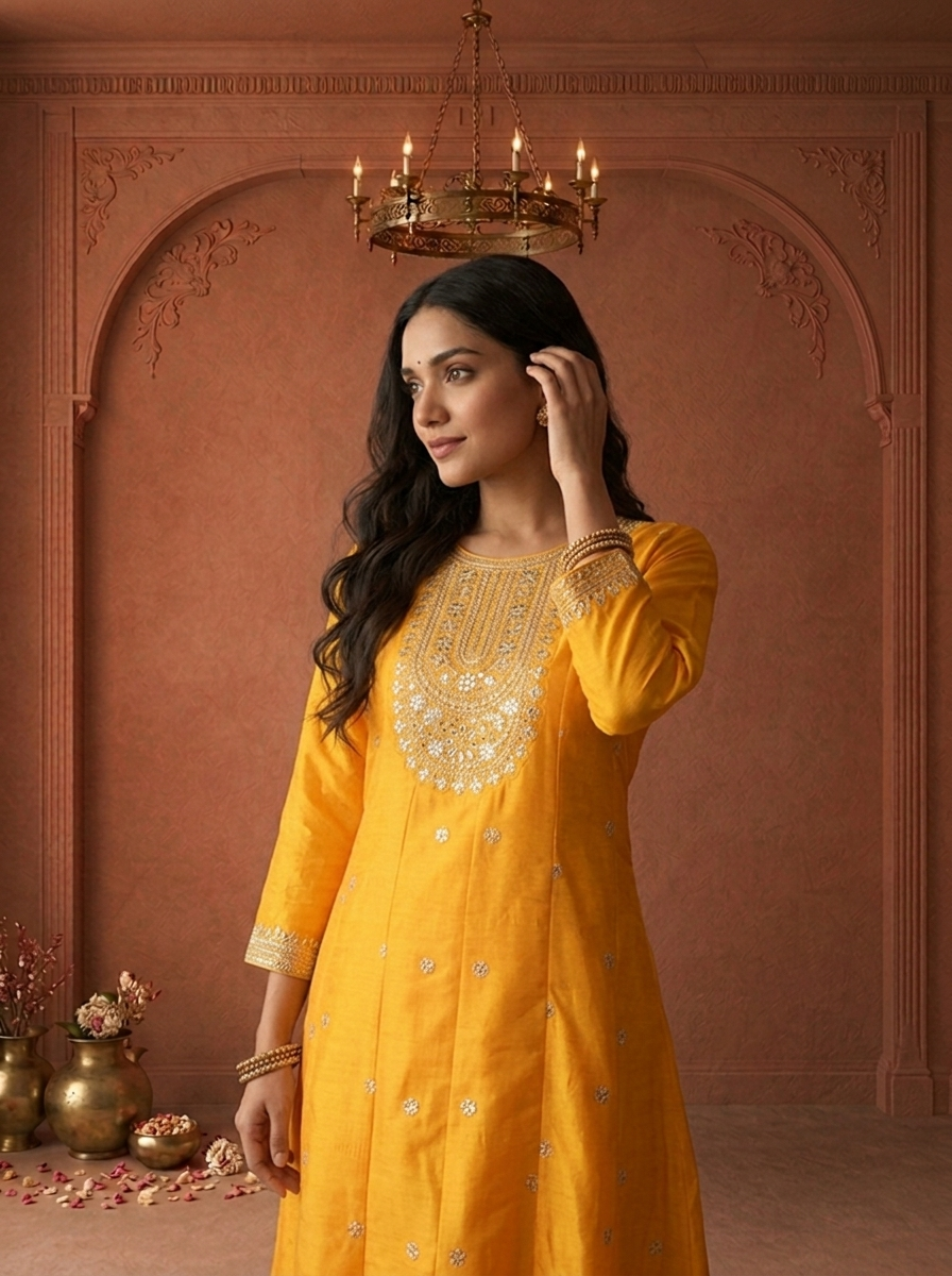 Mustard Silk Heavy Gold Zari Embroidered Three Piece Set