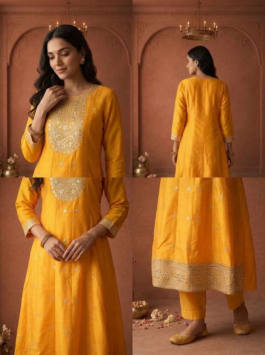 Mustard Silk Heavy Gold Zari Embroidered Three Piece Set