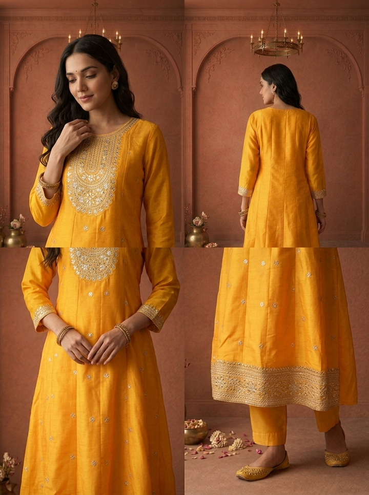 Mustard Silk Heavy Gold Zari Embroidered Three Piece Set