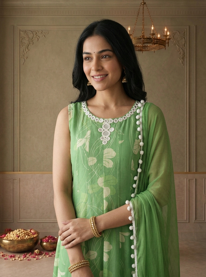 Green Georgette Floral Vine Printed Three Piece Set