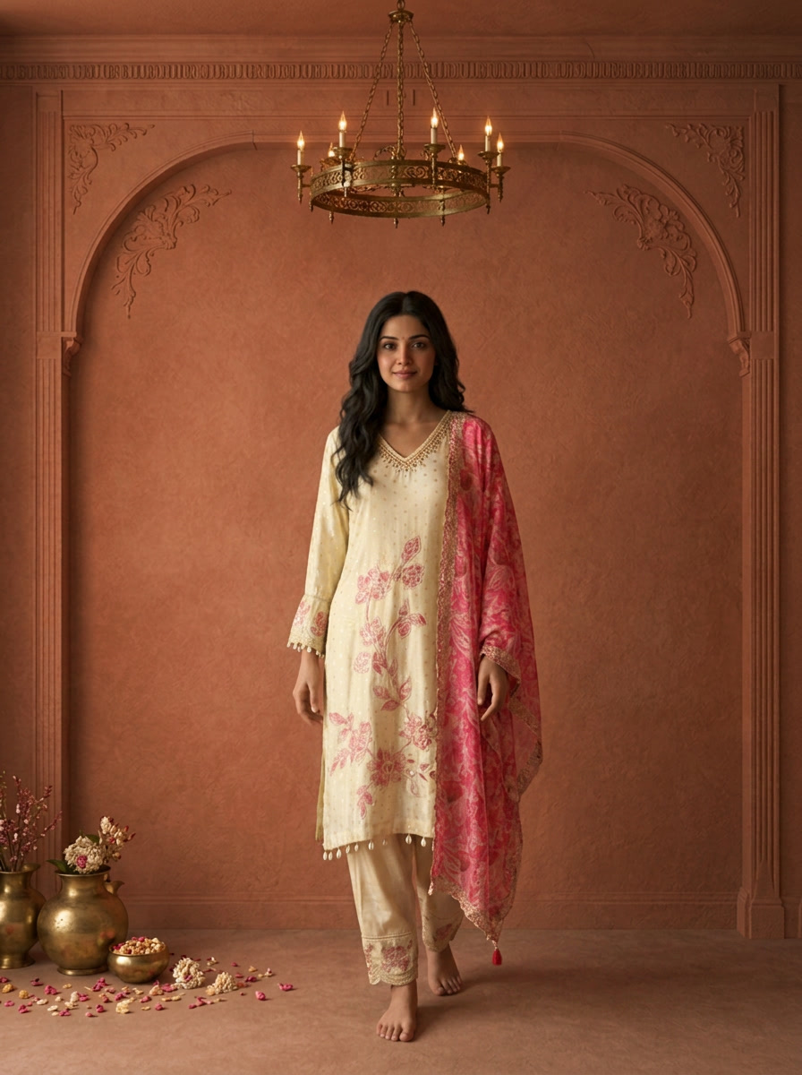 Rose Tissue Small Butis With Floral Placement Printed Three Piece Set
