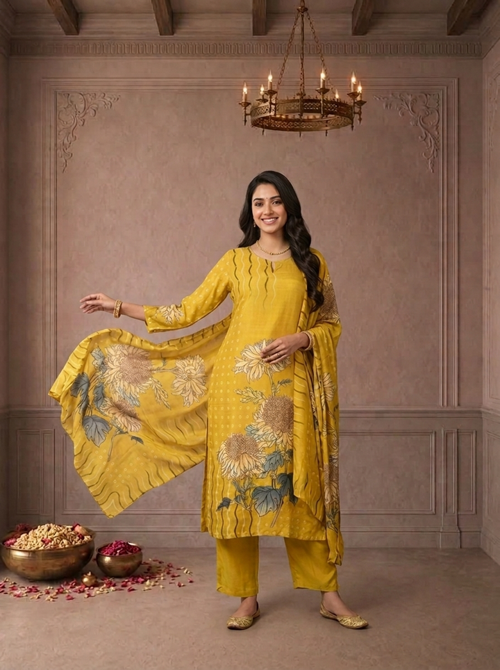 Mustard Silk Sunflower Floral Printed Three Piece Set