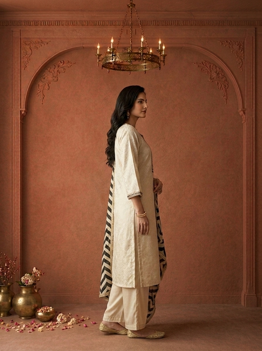Black Cotton Zari Diamond Printed Three Piece Set