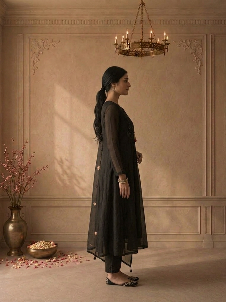 Black Cotton Pintuck Pleated Embroidered Three Piece Set