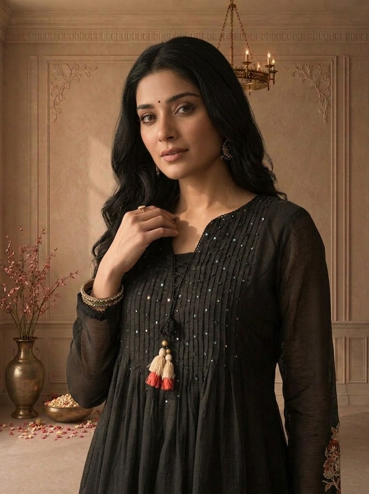 Black Cotton Pintuck Pleated Embroidered Three Piece Set