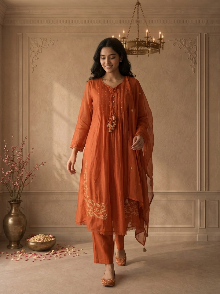 Burnt Orange Cotton Floral Daman Embroidered Three Piece Set