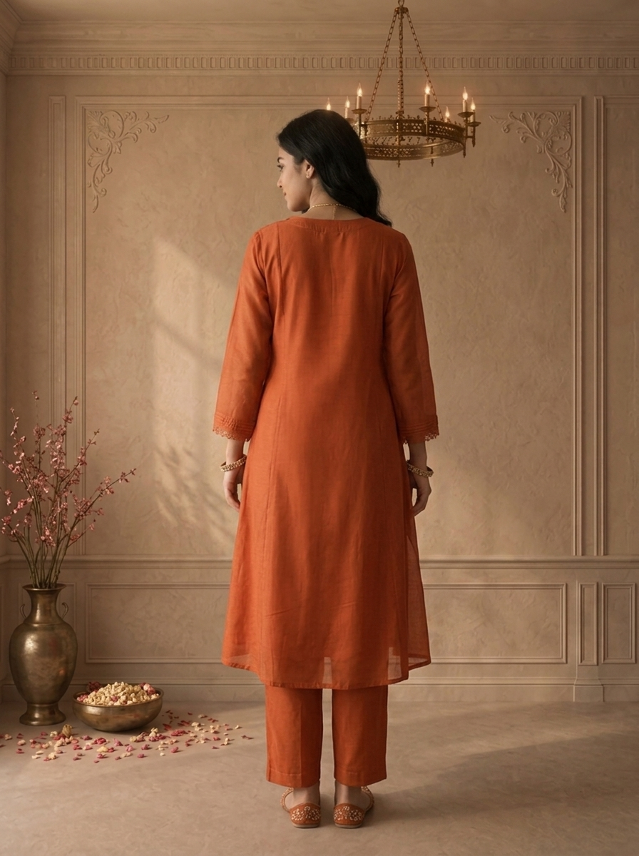 Burnt Orange Cotton Floral Daman Embroidered Three Piece Set