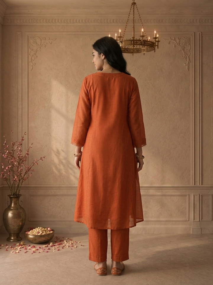 Burnt Orange Cotton Floral Daman Embroidered Three Piece Set