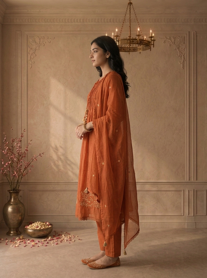 Burnt Orange Cotton Floral Daman Embroidered Three Piece Set