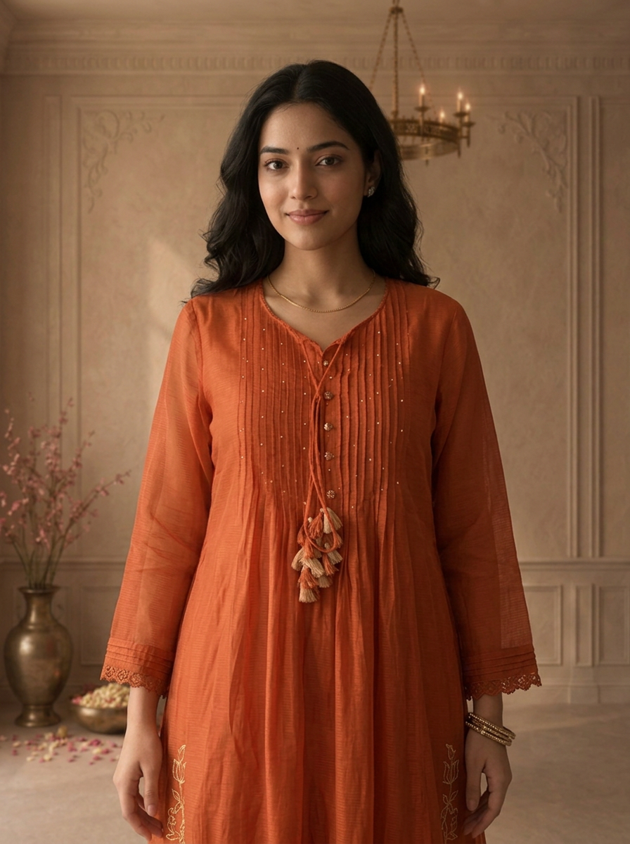 Burnt Orange Cotton Floral Daman Embroidered Three Piece Set
