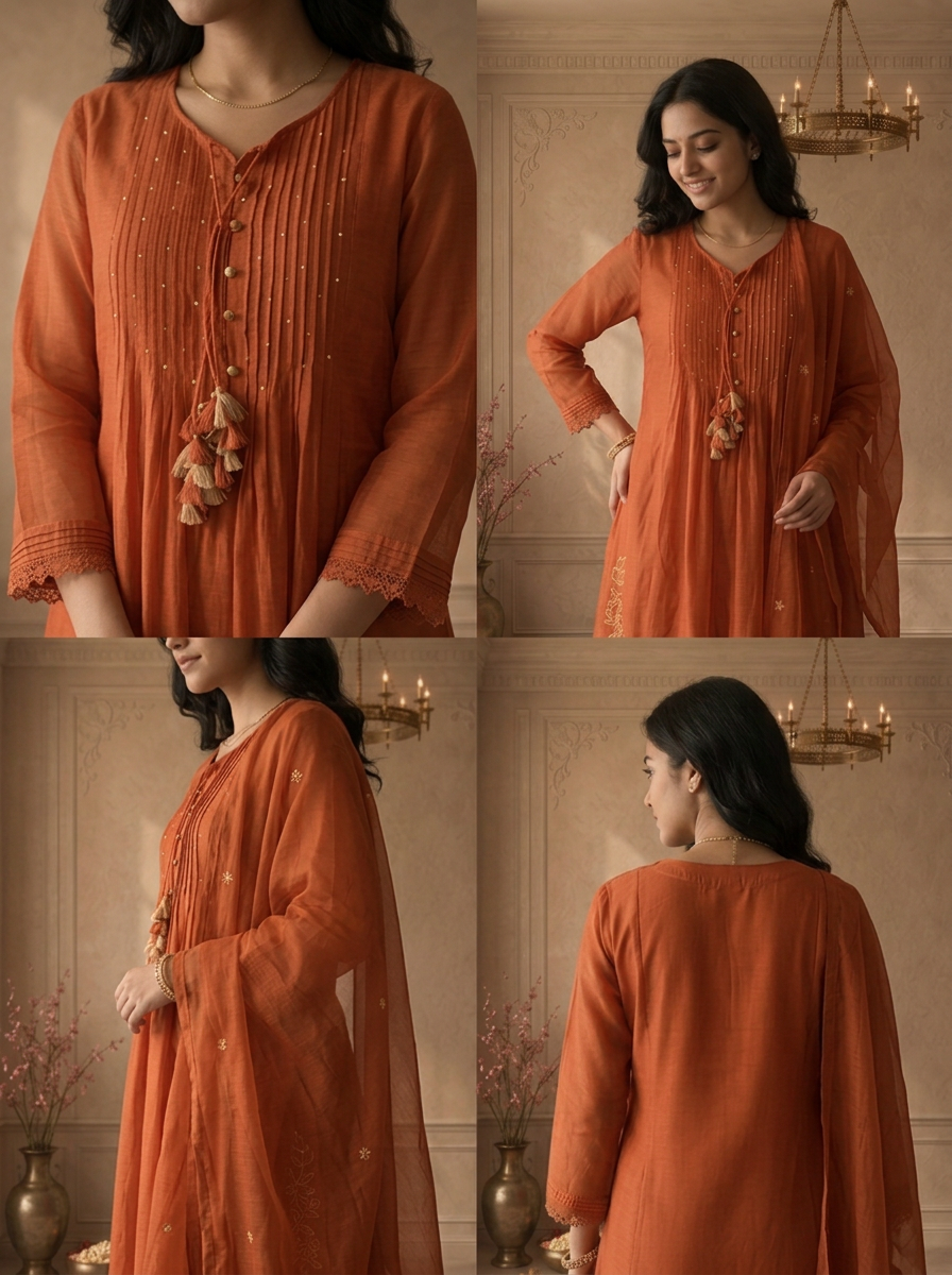 Burnt Orange Cotton Floral Daman Embroidered Three Piece Set
