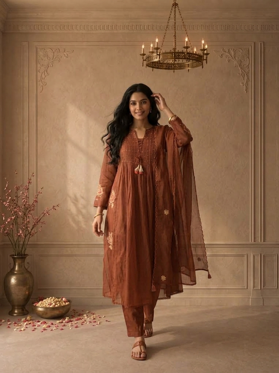 Brown Cotton Pintuck Pleated Embroidered Three Piece Set