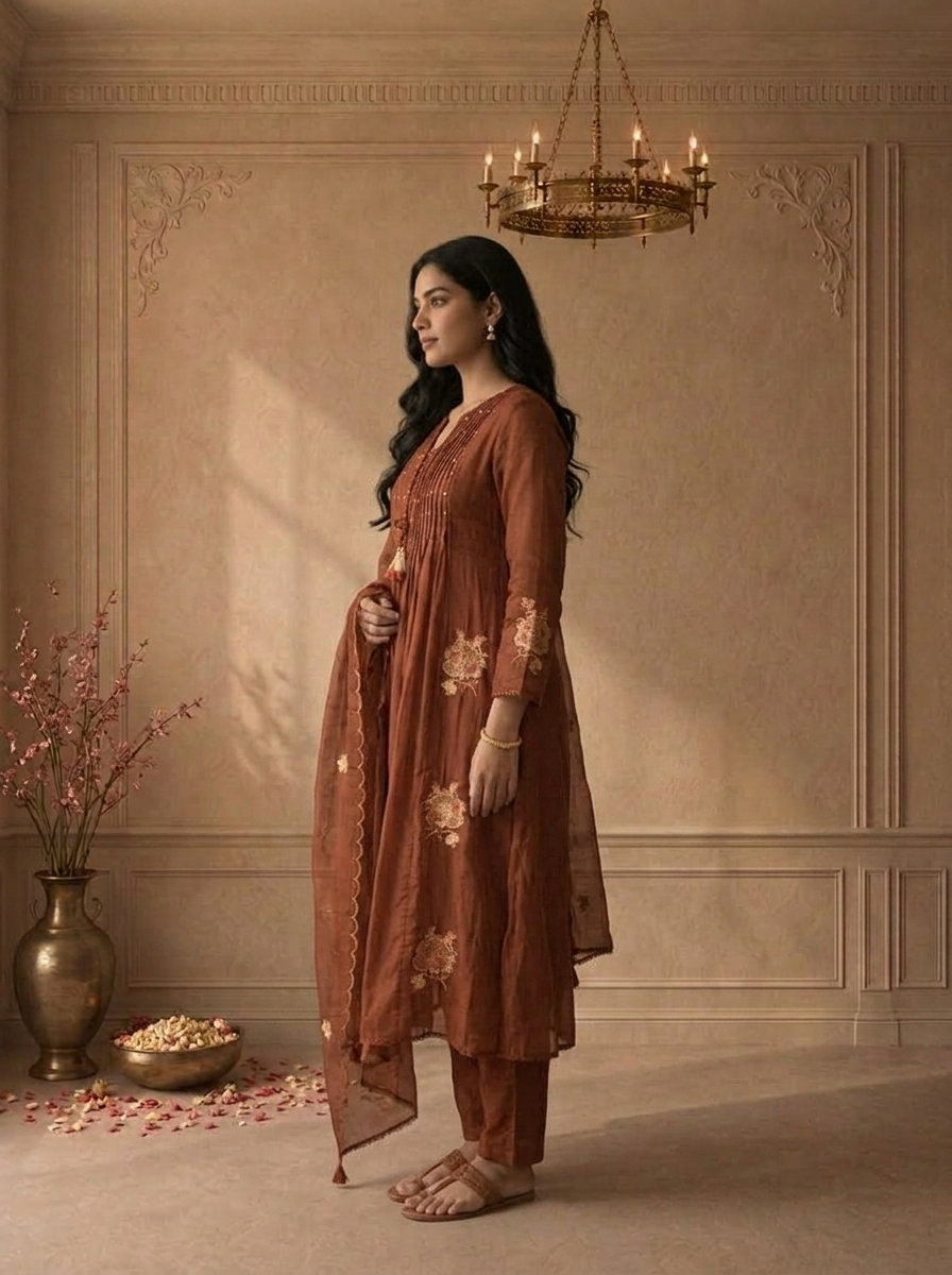 Brown Cotton Pintuck Pleated Embroidered Three Piece Set