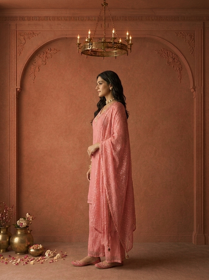 Rose Pink Tissue Sequin Butti Embroidered Three Piece Set