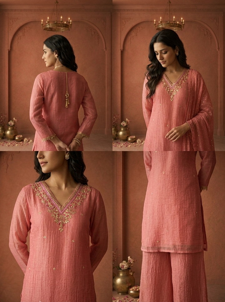 Rose Pink Tissue Sequin Butti Embroidered Three Piece Set