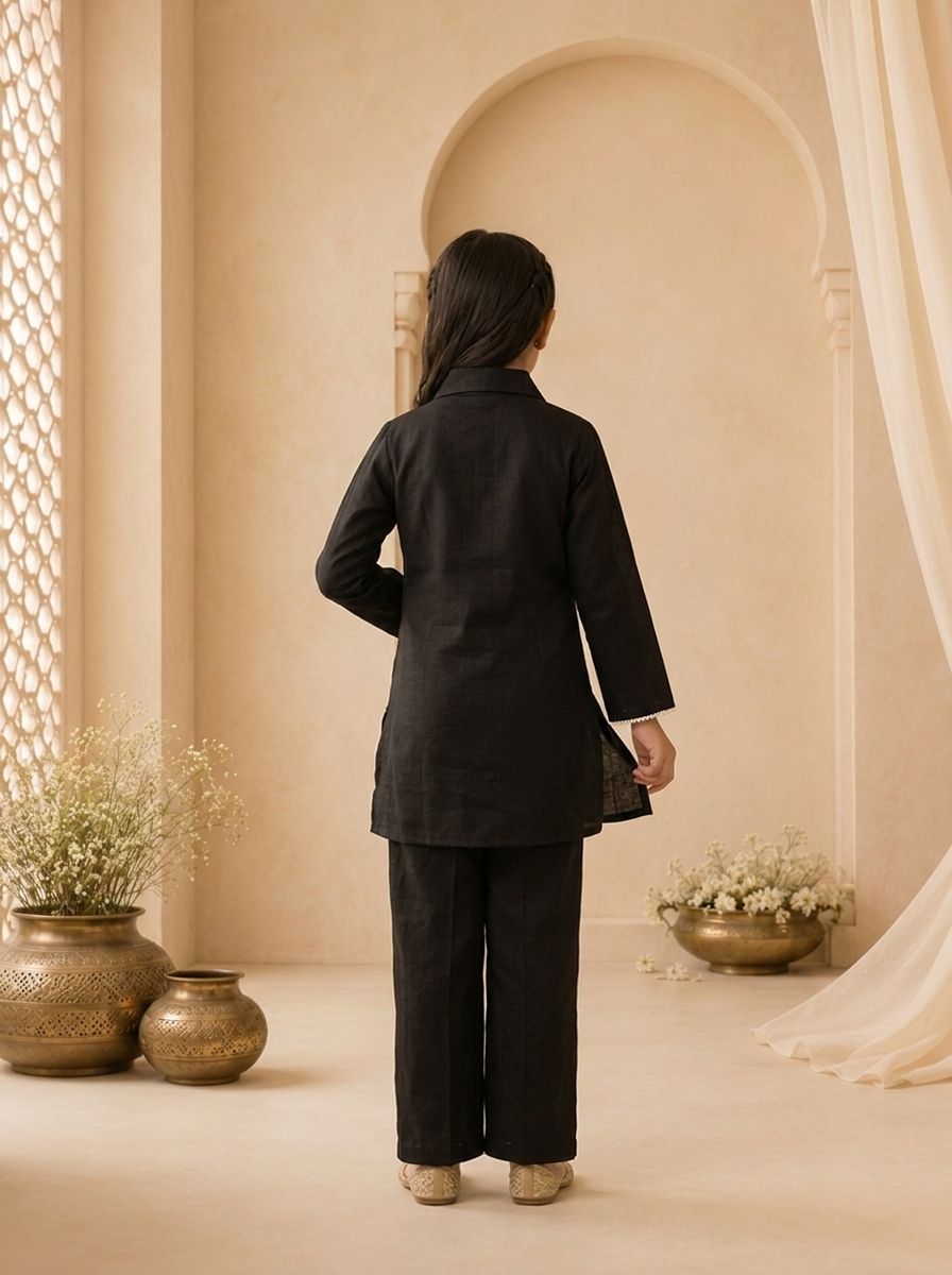 Black Linen Floral Thread Embroidered Straight Pant Set