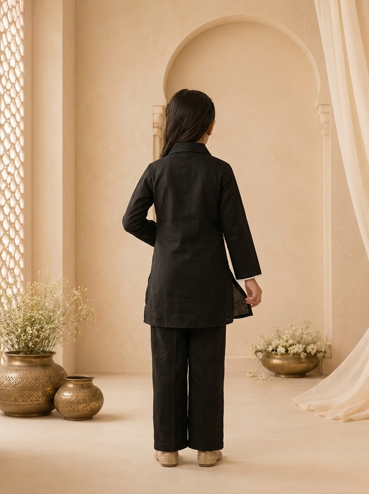 Black Linen Floral Thread Embroidered Straight Pant Set