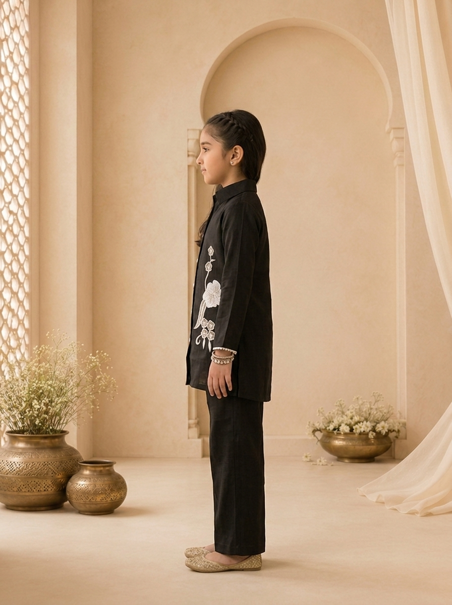 Black Linen Floral Thread Embroidered Straight Pant Set
