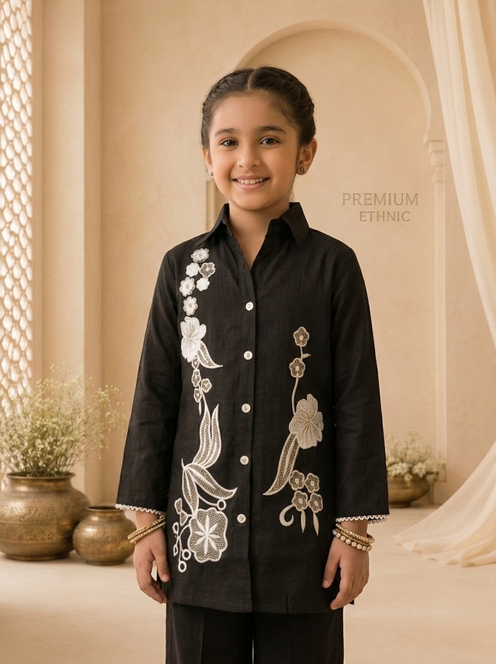 Black Linen Floral Thread Embroidered Straight Pant Set