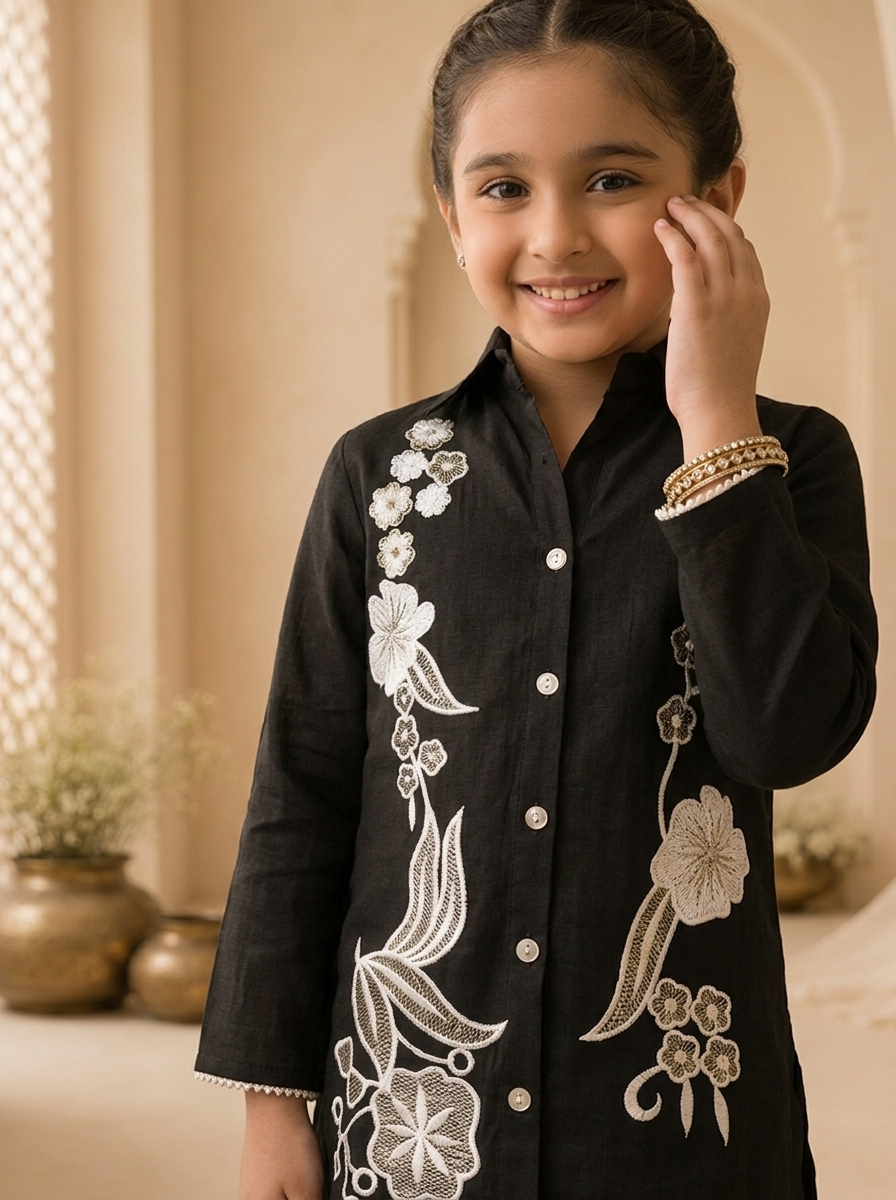 Black Linen Floral Thread Embroidered Straight Pant Set