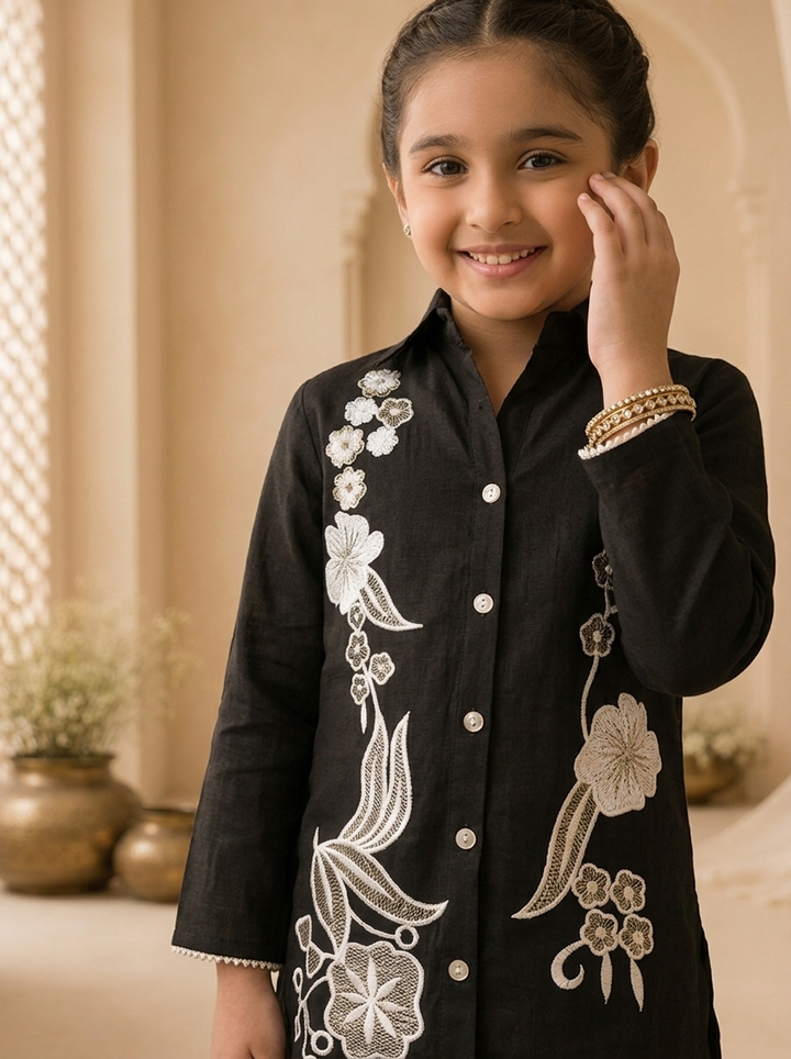 Black Linen Floral Thread Embroidered Straight Pant Set