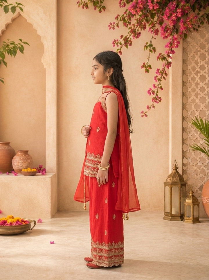 Red Georgette Zari Embroidered Palazzo Set