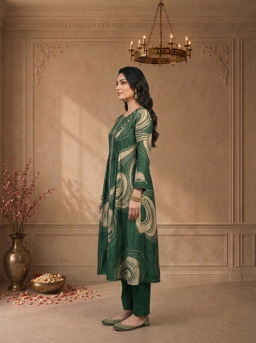 Bottle Green Chanderi Abstract Swirl Printed Three Piece Set