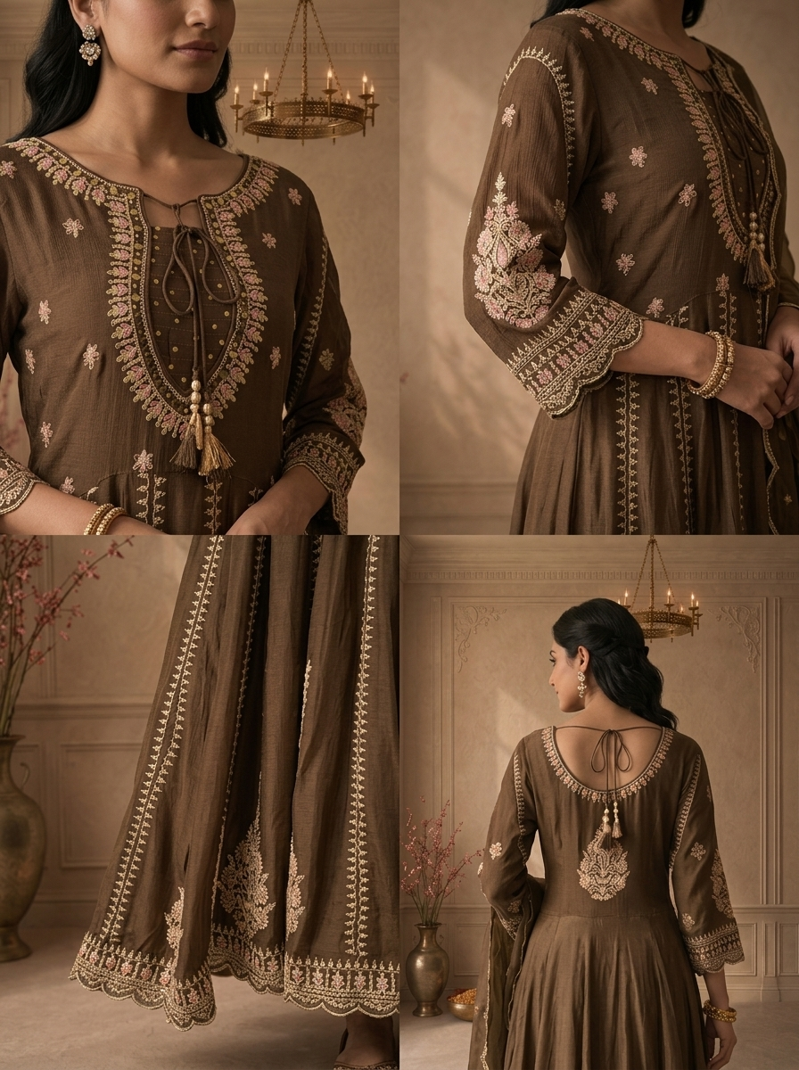 Brown Chinon Floral Zari Embroidered Three Piece Set