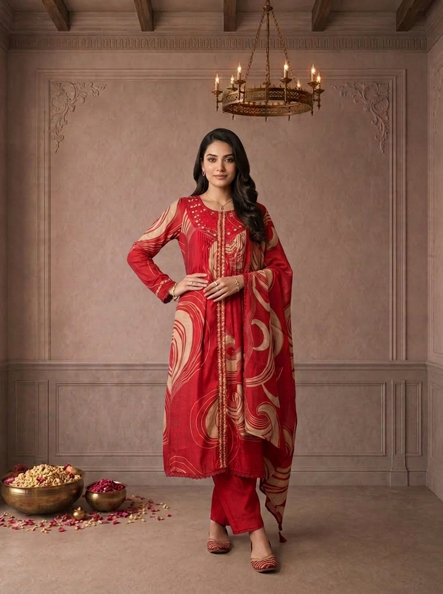 Maroon Chanderi Abstract Swirl Printed Three Piece Set