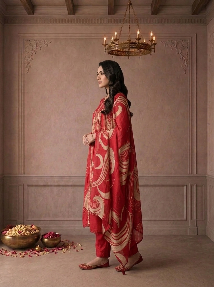 Maroon Chanderi Abstract Swirl Printed Three Piece Set