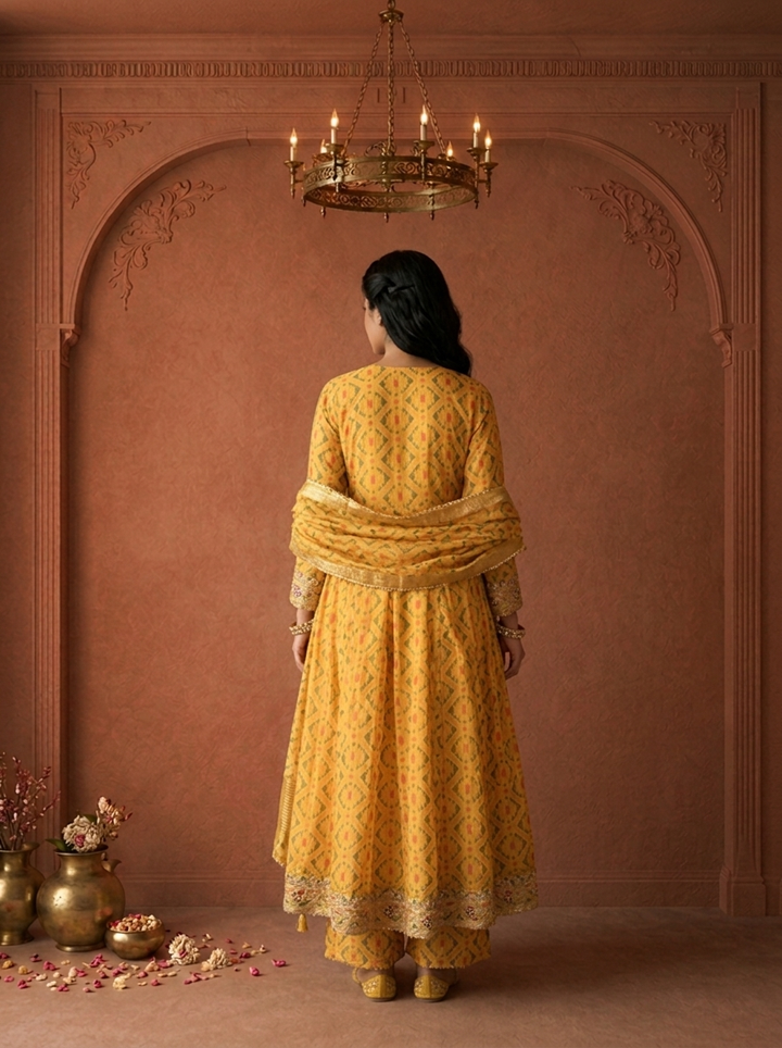 Mustard Yellow Georgette Patola Geometric Printed Three Piece Set