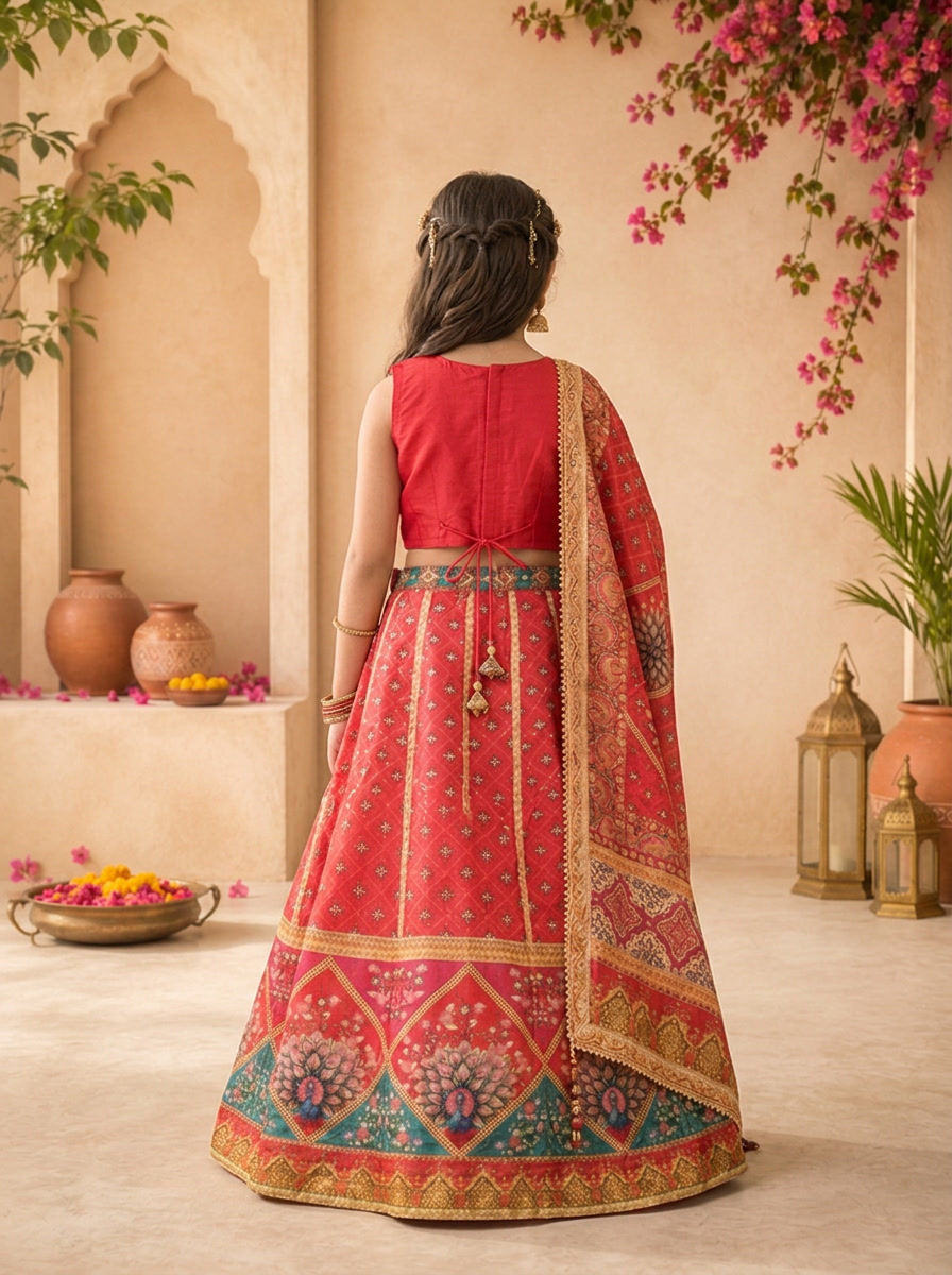 Pink Silk Floral Buti Printed Ghagra Set