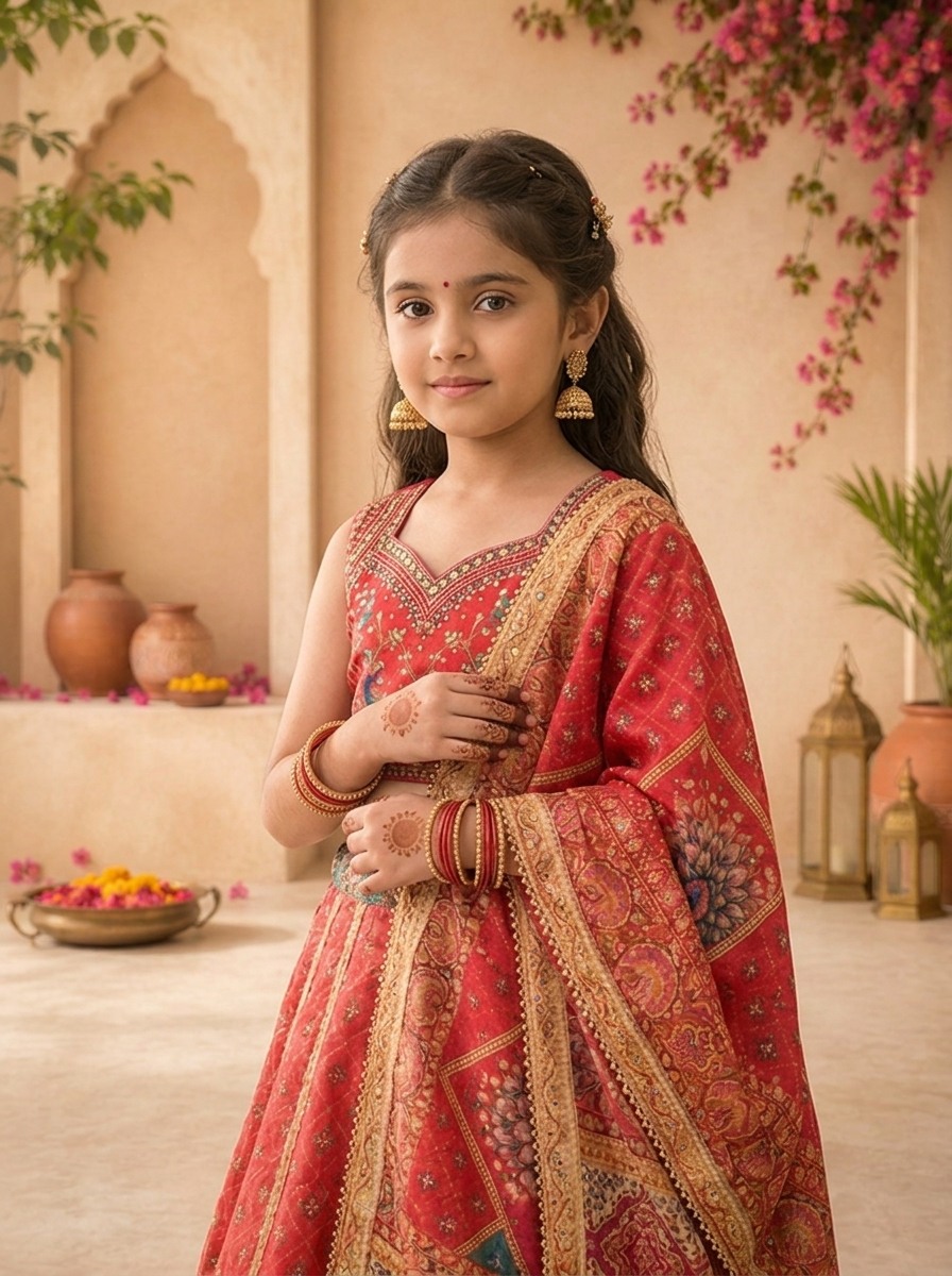 Pink Silk Floral Buti Printed Ghagra Set
