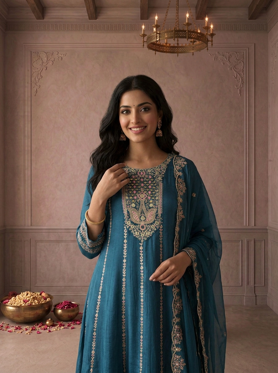 Rama Chinon Zari And Thread Embroidered Three Piece Set