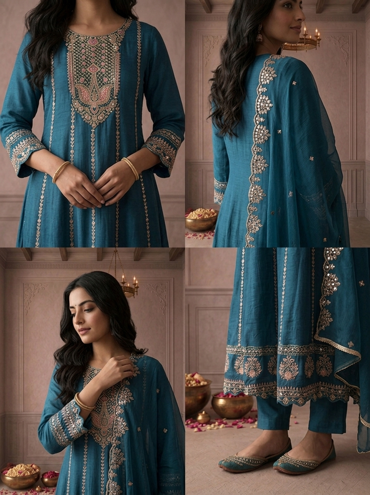 Rama Chinon Zari And Thread Embroidered Three Piece Set