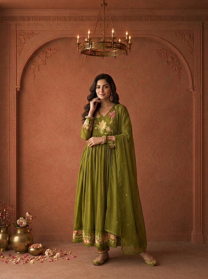 Mehadi Green Cotton Multicolor Floral Applique Thread Embroidered Three Piece Set