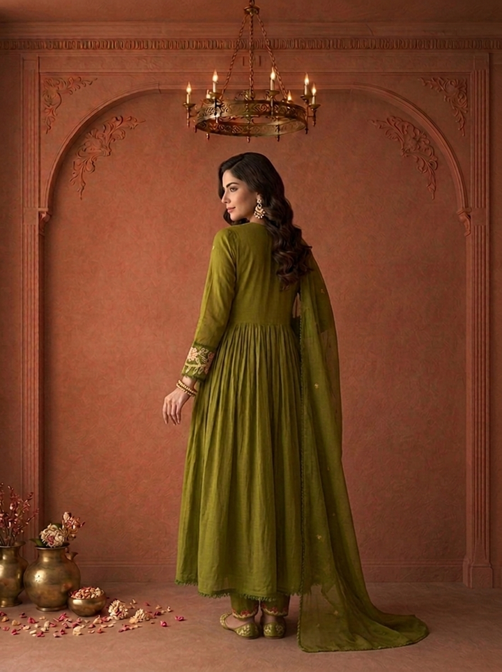 Mehadi Green Cotton Multicolor Floral Applique Thread Embroidered Three Piece Set