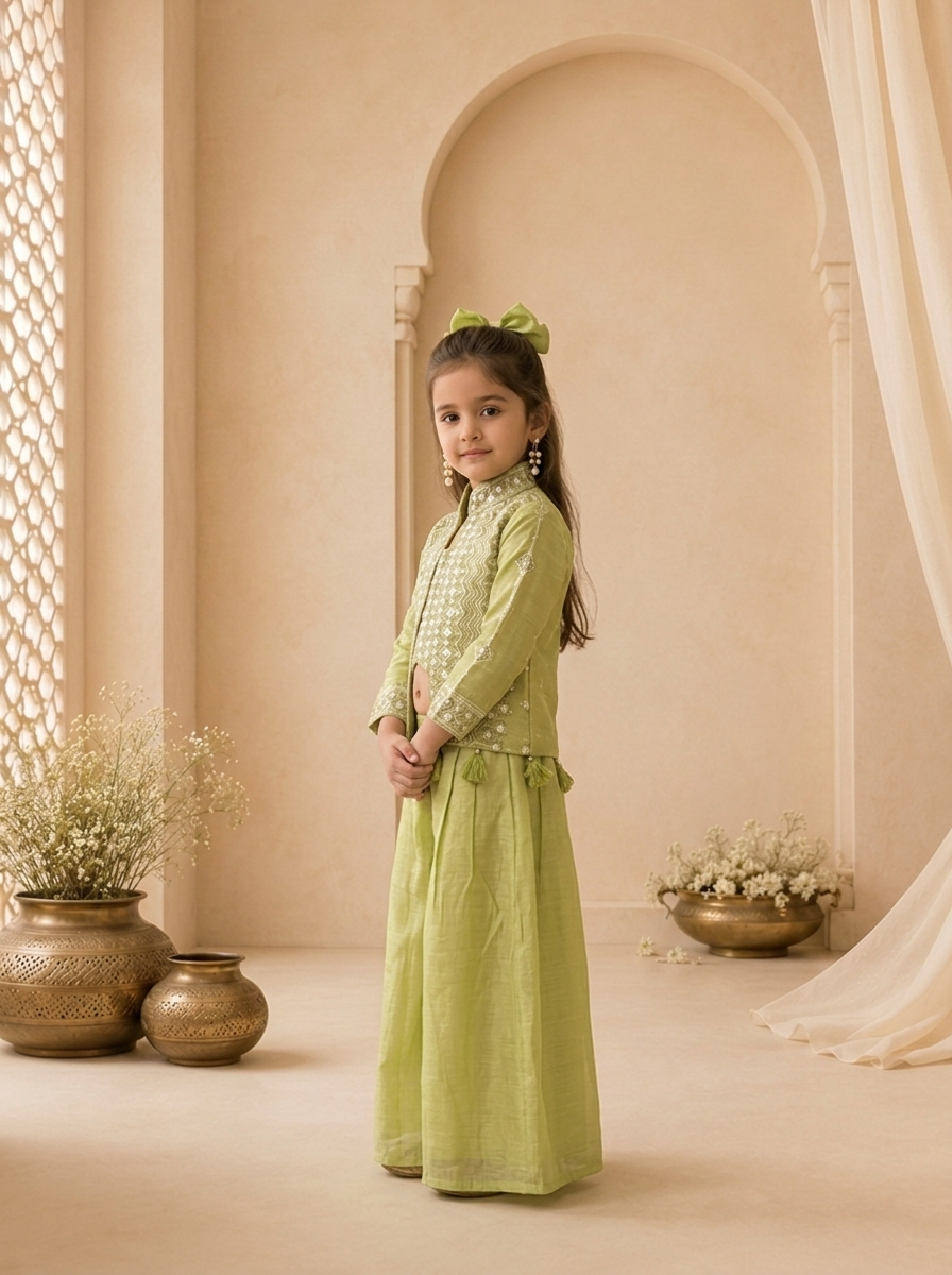 Green Tissue Diamond Embroidered Jacket Palazzo Set