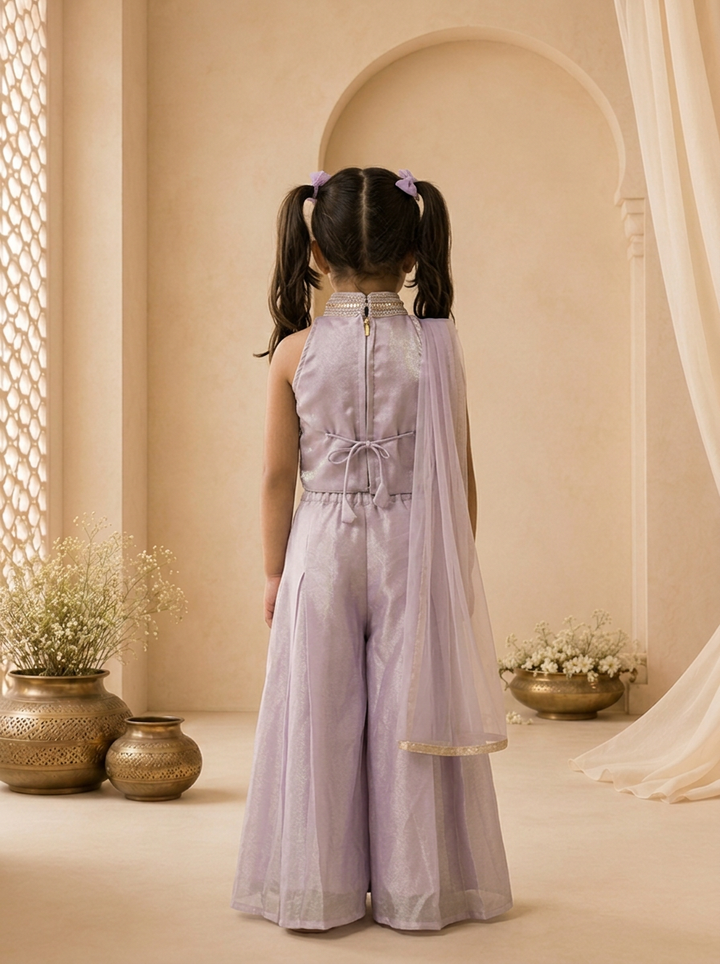 Purple Tissue Scallop Peacock Embroidered Palazzo Set