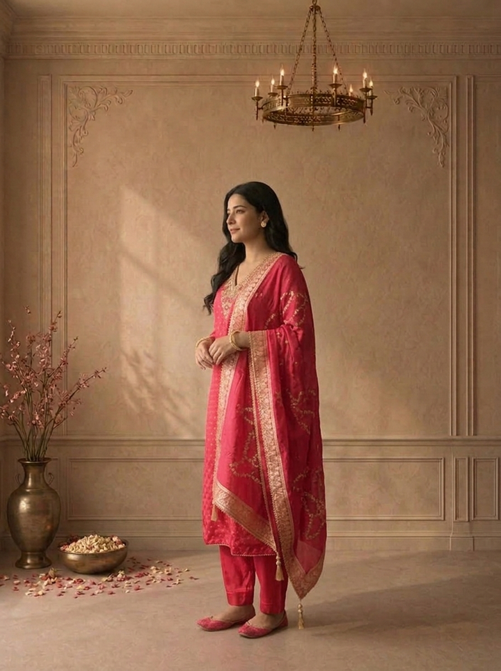 Magenta Crepe Diamond Butti Jacquard Printed Three Piece Set