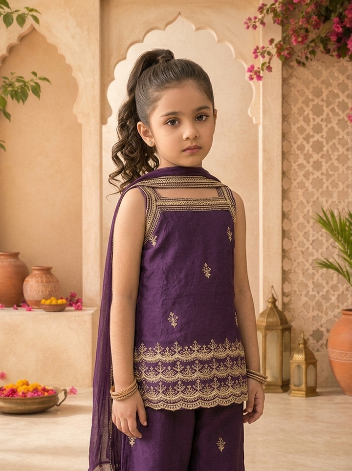 Purple Georgette Zari Embroidered Palazzo Set